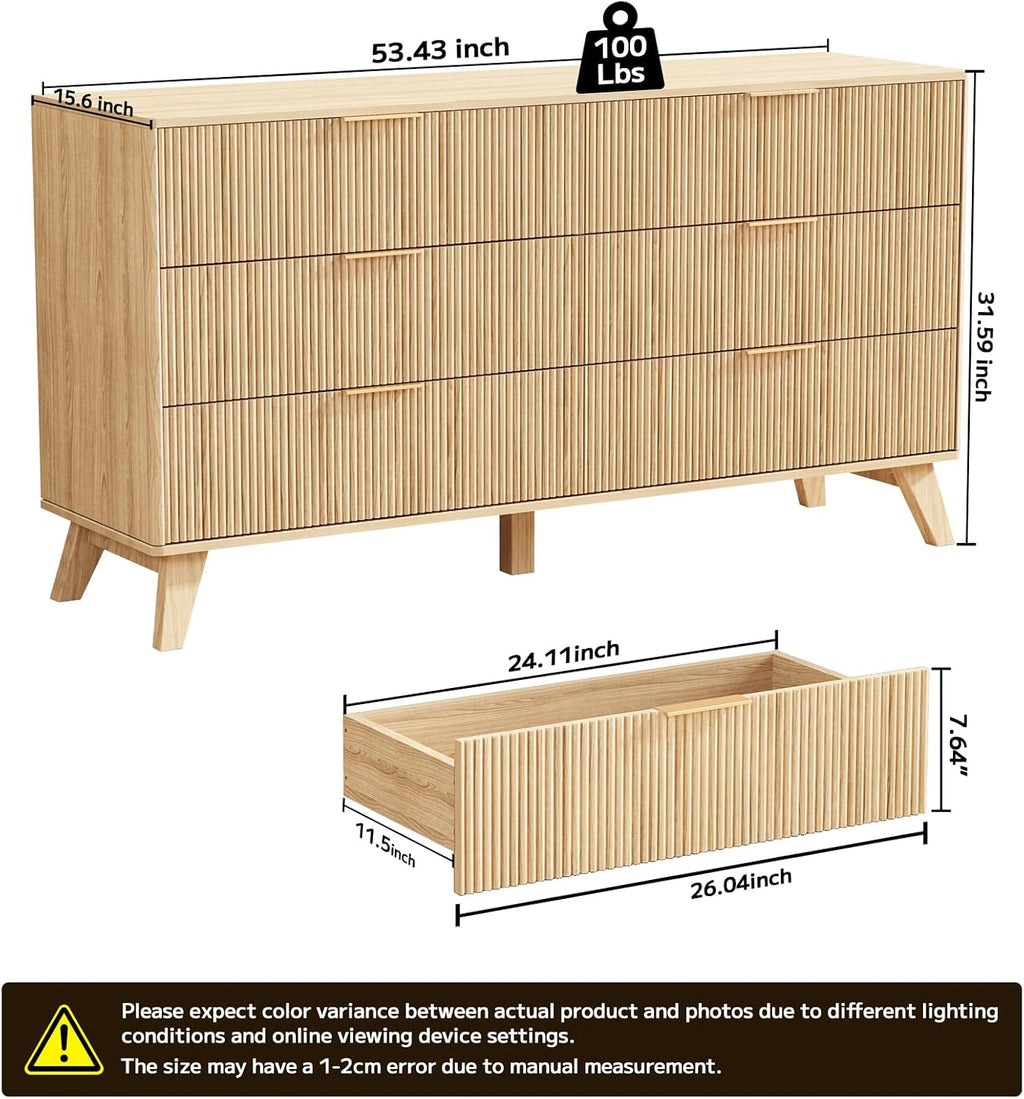Fluted Dresser with 6 Drawers, 53.43 Inch Wood Double Dresser with Metal Handles Curved Design Wide Storage Organizer Cabinet Modern Chest Dressers for Bedroom Living Room Hallway(Oak)