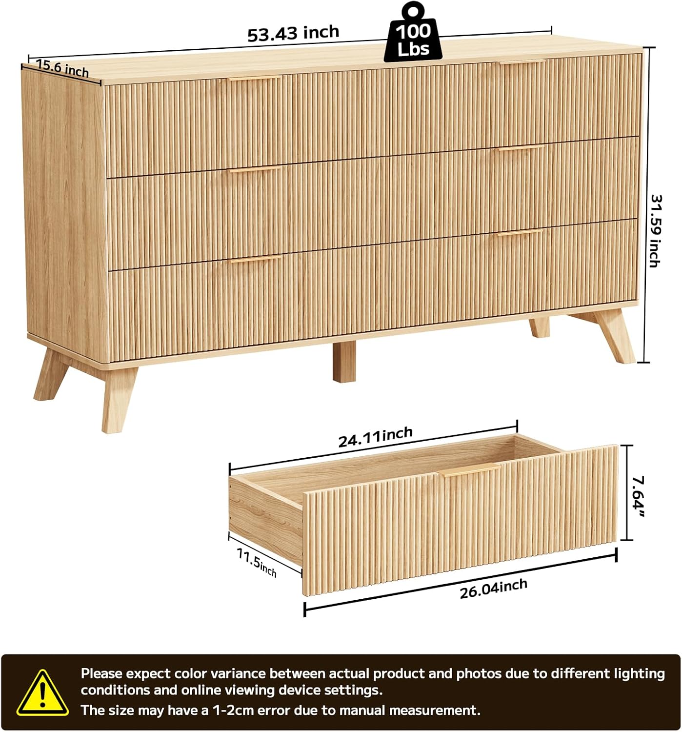 Fluted Dresser with 6 Drawers, 53.43 Inch Wood Double Dresser with Metal Handles Curved Design Wide Storage Organizer Cabinet Modern Chest Dressers for Bedroom Living Room Hallway(Oak)