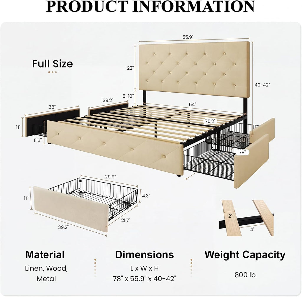 SHA CERLIN Upholstered Full Size Platform Bed Frame with 4 Storage Drawers, Adjustable Headboard with Diamond Stitched Button Tufted Design, Wooden Slat Support, No Box Spring Needed, Beige