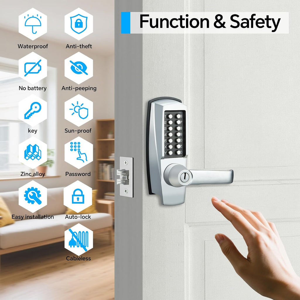 Mechanical Entry Door Lock, 14 Digital keypad,Weatherproof deadbolt with Handle, Security Heavy Duty Outdoor Lock Without Electronic, Easy Installation, for Home, Yard-gate, Office, Chrome