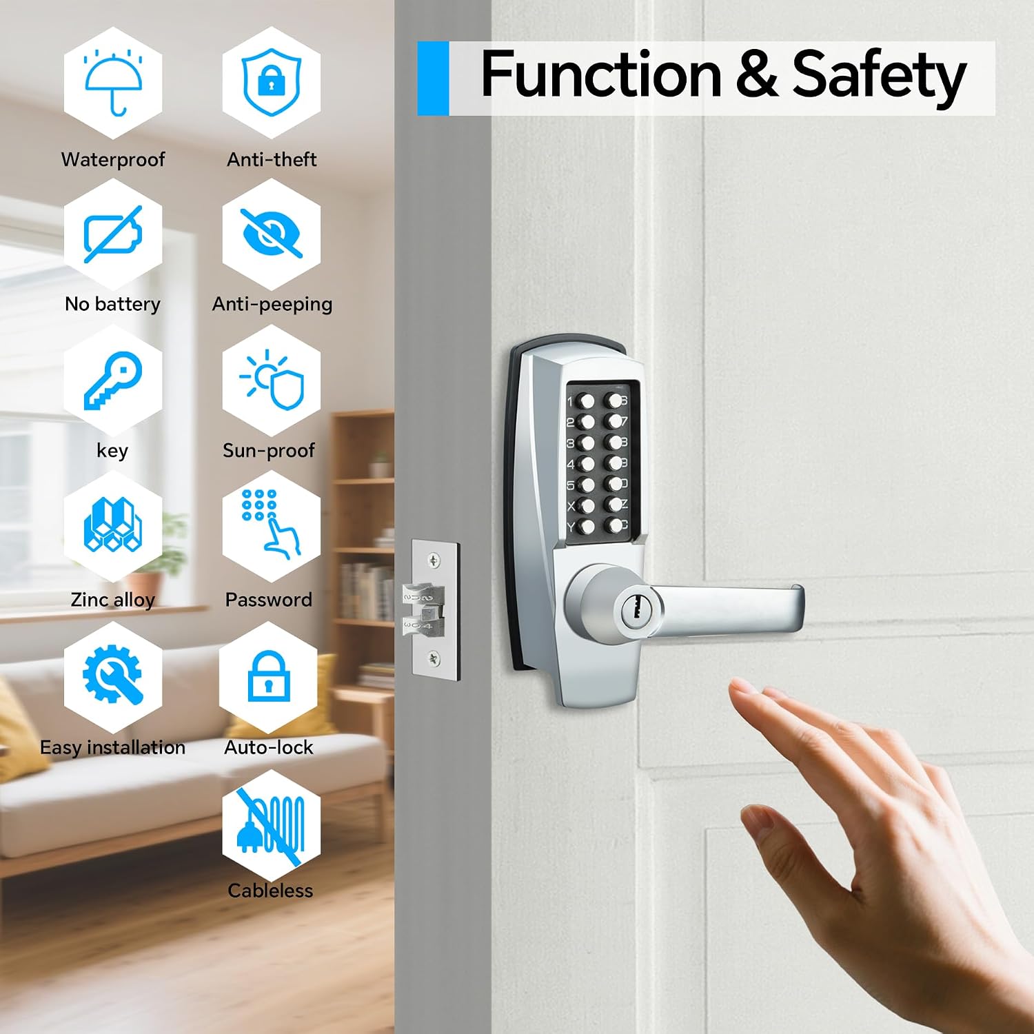 Mechanical Entry Door Lock, 14 Digital keypad,Weatherproof deadbolt with Handle, Security Heavy Duty Outdoor Lock Without Electronic, Easy Installation, for Home, Yard-gate, Office, Chrome