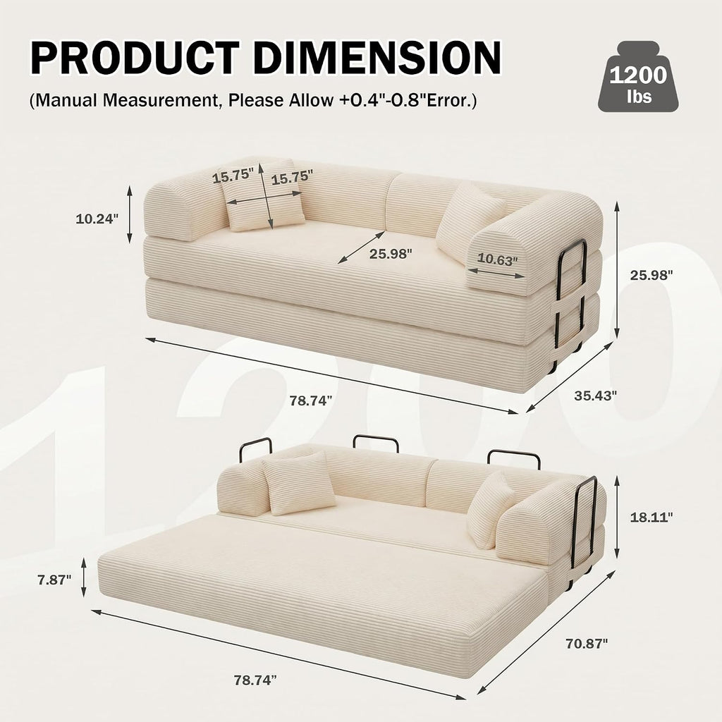 79'' Convertible Lounge Sofa Bed, 5-in-1 Corduroy Sleeper Couch with Pull Out Bed, Folding Floor Sofa for Living Room, Oversized Design, No Assembly (Beige White)