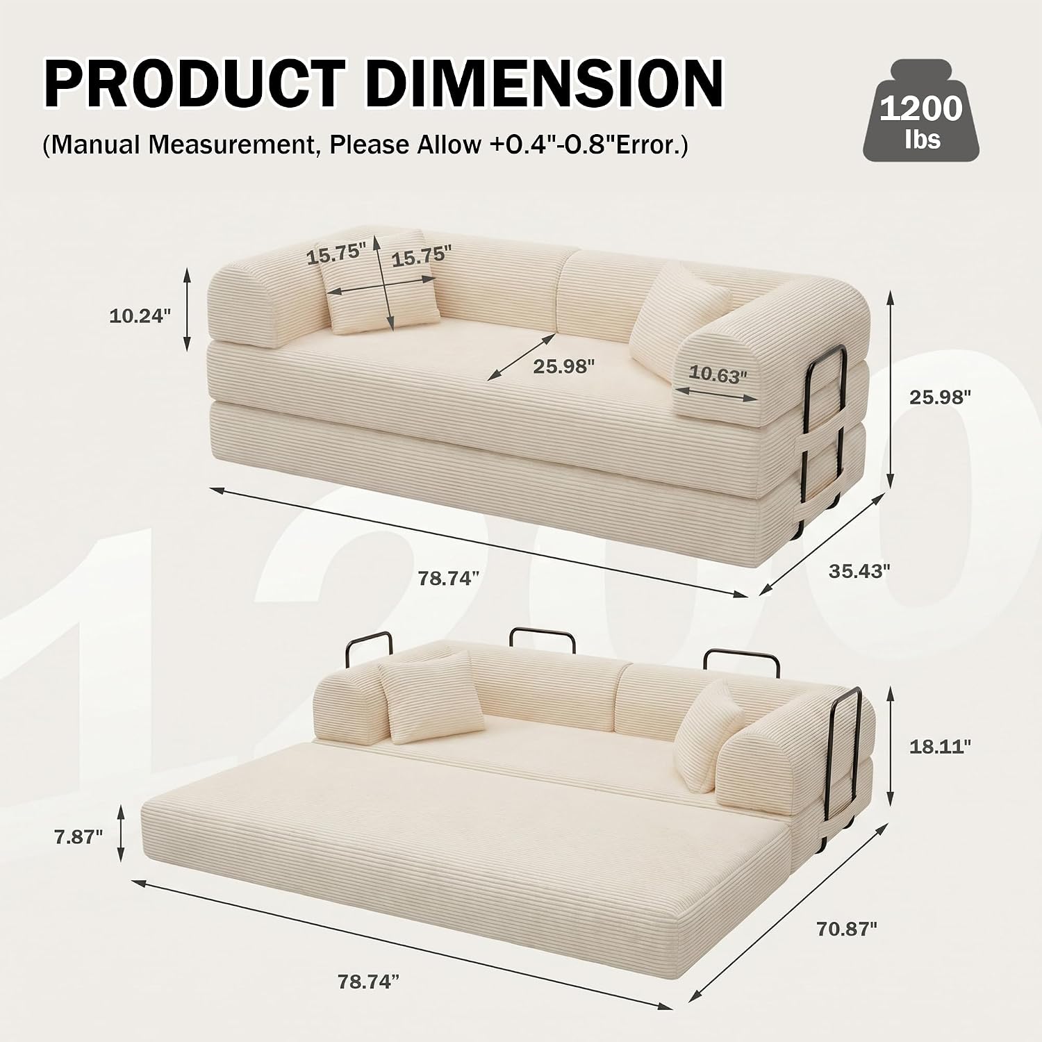 79'' Convertible Lounge Sofa Bed, 5-in-1 Corduroy Sleeper Couch with Pull Out Bed, Folding Floor Sofa for Living Room, Oversized Design, No Assembly (Beige White)