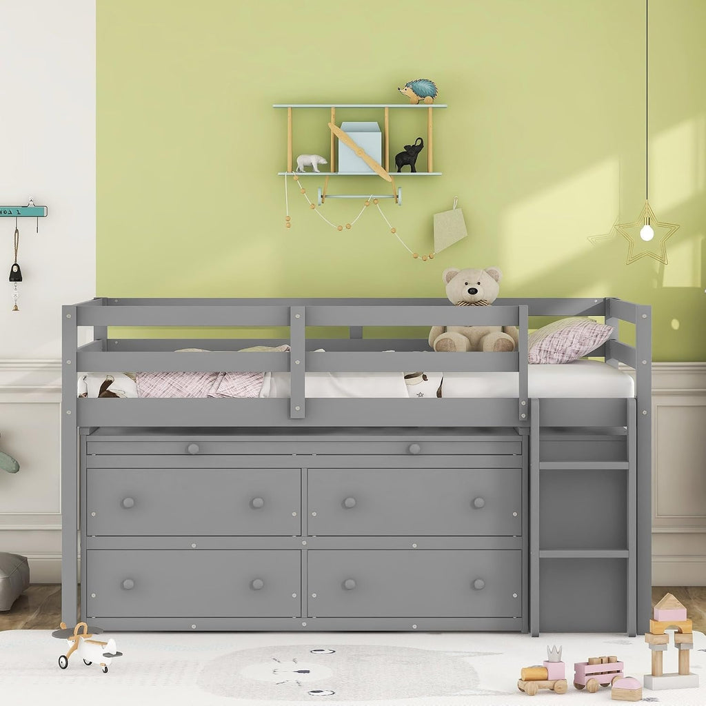 JIVOIT Twin Size Low Loft Bed with Retractable Writing Desk, Storage Bed with 4 Drawers and Shelves, Wooden Loft Bed with Lateral Portable Desk for Kids Teens Adults Bedroom (Gray,Twin,9)