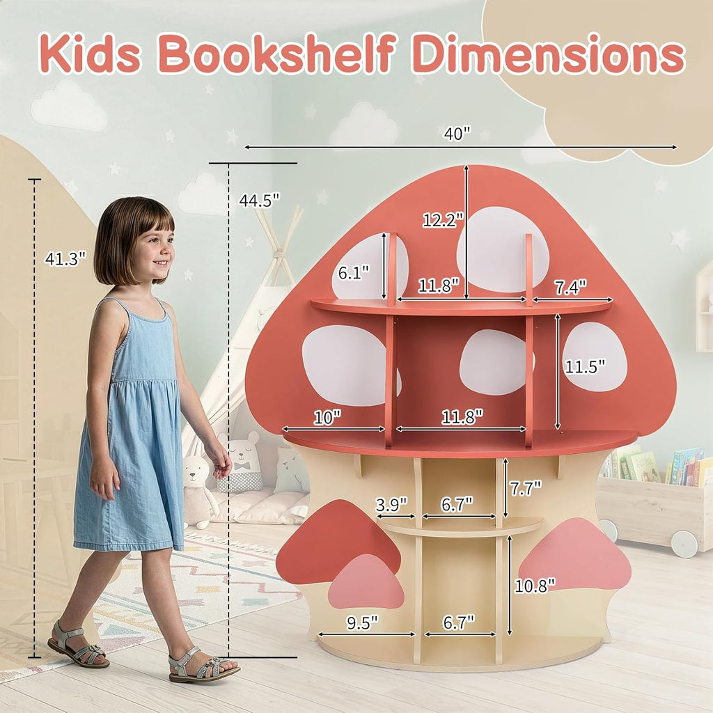 Karl home Children Mushroom Bookcase, Toddler Tree Bookshelf for Kids, Baby Montessori Bookshelf and Toy Storage, Kids Room Furniture, Display Shelf for Bedroom, Nursery, Playroom, Red-Orange