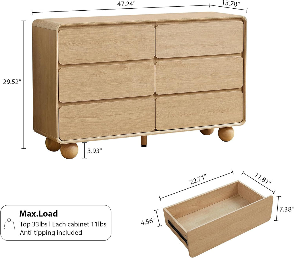 AVZEAR 6 Drawer Dresser for Bedroom, 48' Modern Wooden Dresser Chest of Drawers, Curved Profile Design, Closet Clothes Storage Organizer for Kids Bedroom, Living Room, Nursery, Natural Color