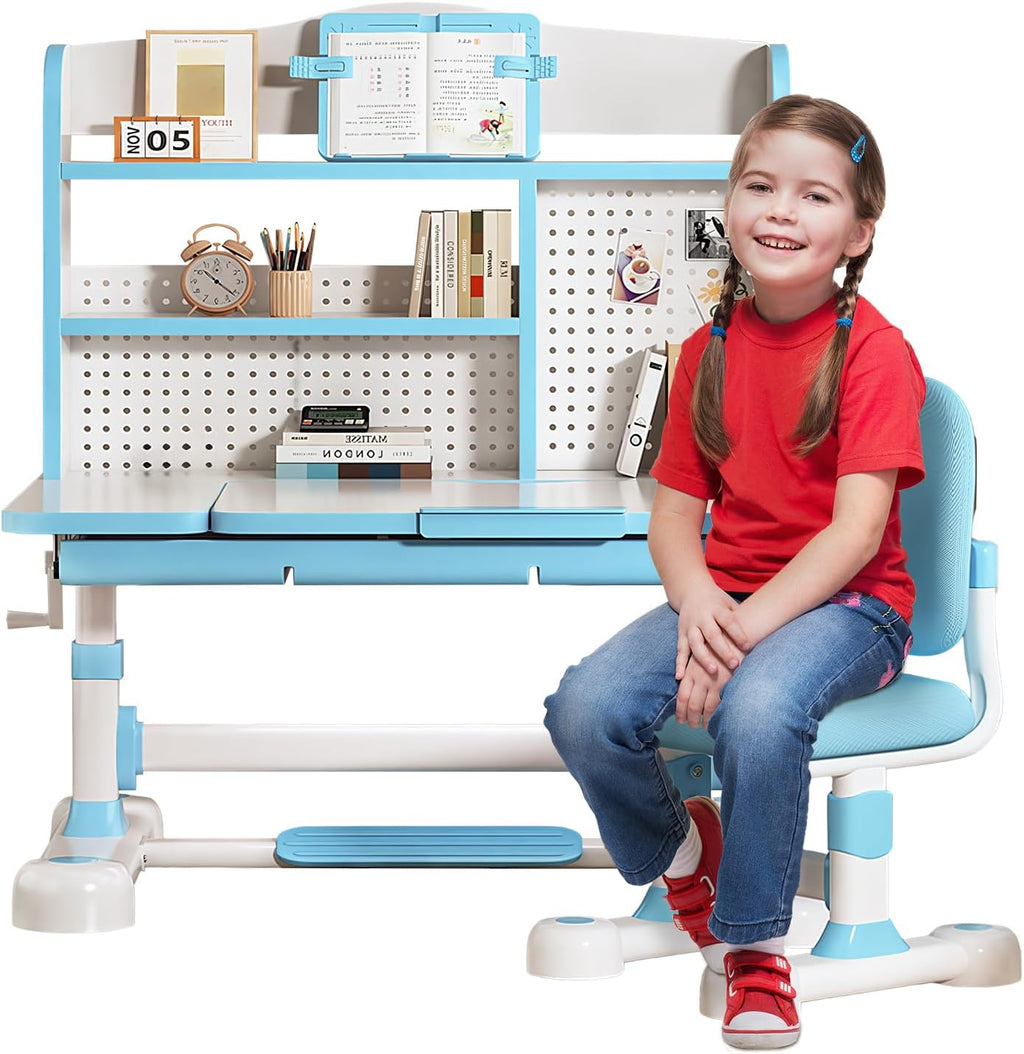 Kids Functional Desk and Chair Set – Ergonomic Height Adjustable Art Desk with One-Touch Tilting Desktop, Book Stand, Reading Rack & Storage Drawer for Children Boys & Girls (013-Blue)