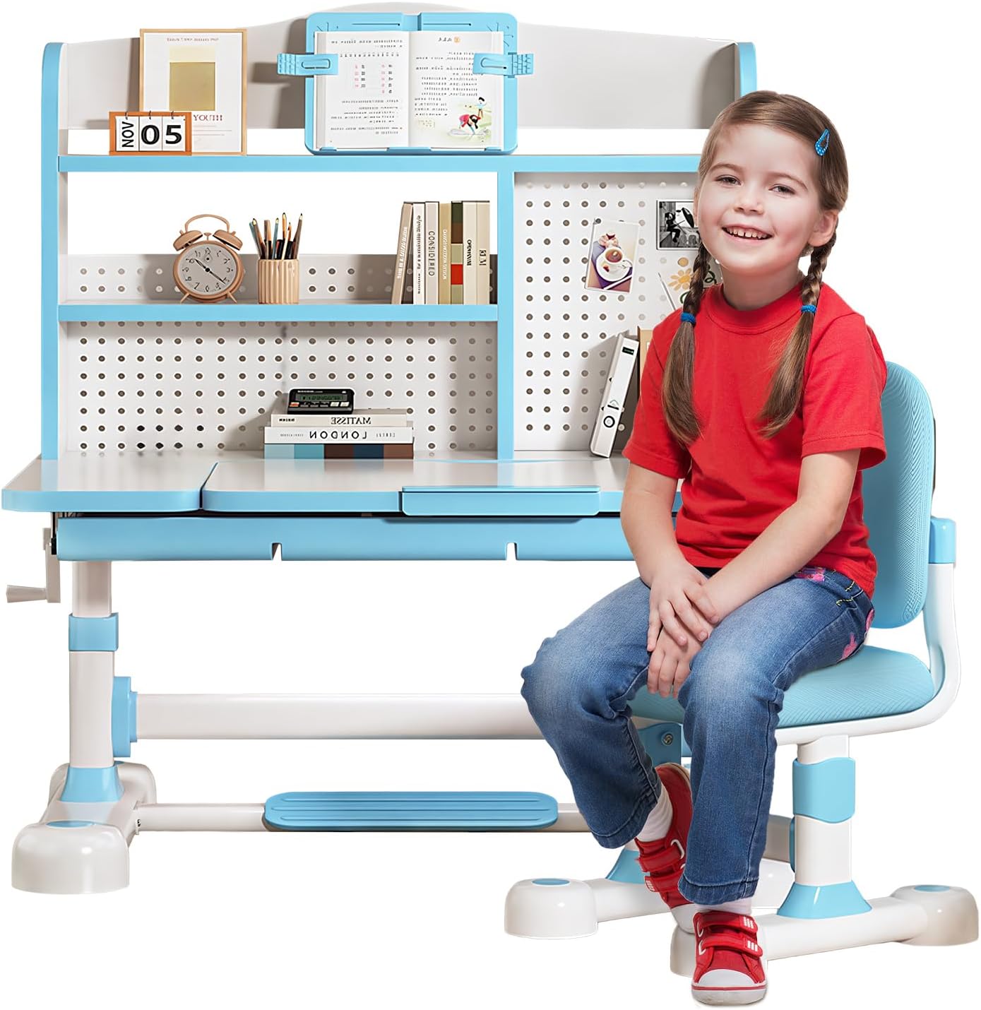 Kids Functional Desk and Chair Set – Ergonomic Height Adjustable Art Desk with One-Touch Tilting Desktop, Book Stand, Reading Rack & Storage Drawer for Children Boys & Girls (013-Blue)