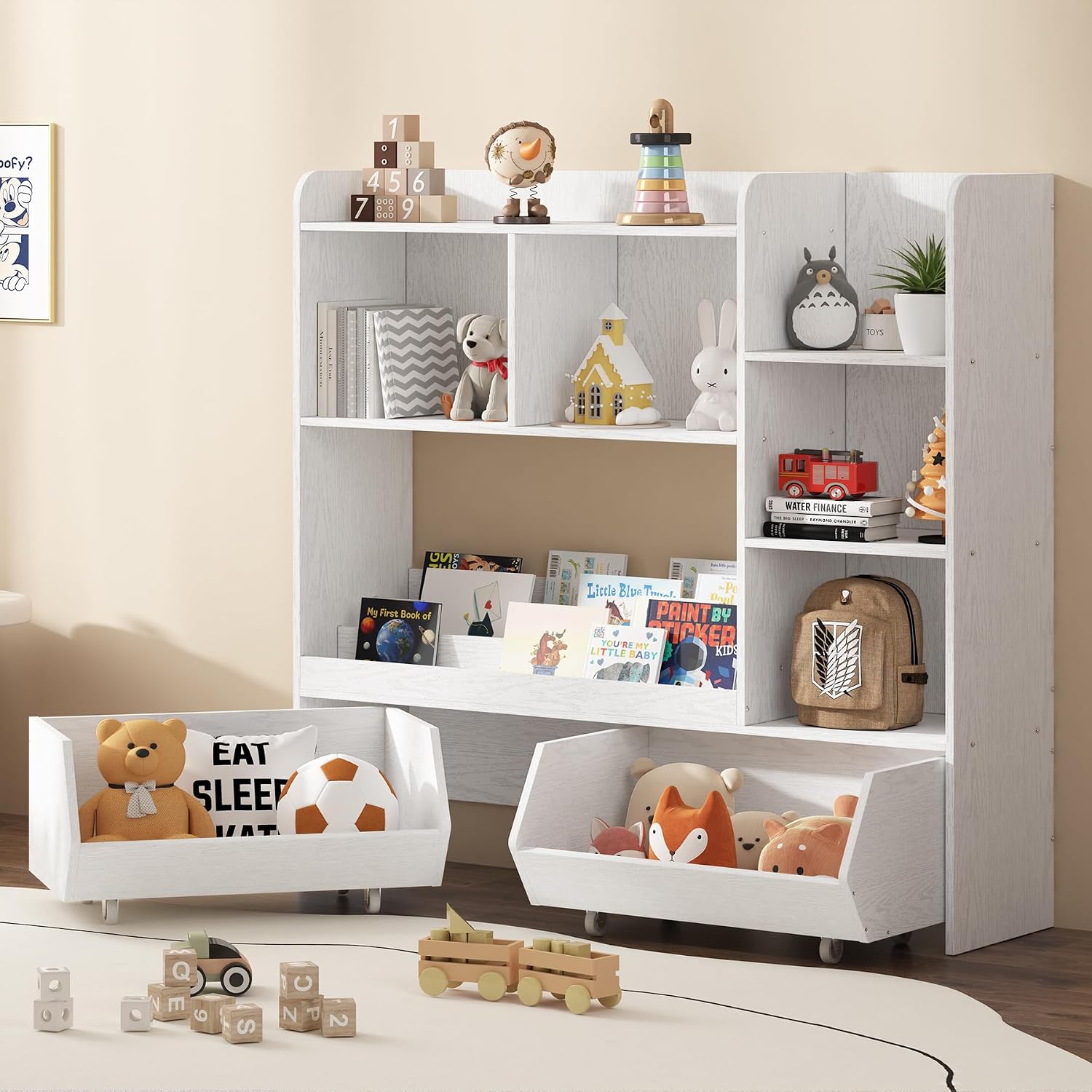 ZOPEND Kids Bookshelf and Toy Storage Organizer with 2 Rolling Bins, 5-Tier Open Wooden Bookcase for Children's Bedroom Playroom Nursery, Montessori Toddler Book Shelf with Display Rack, White