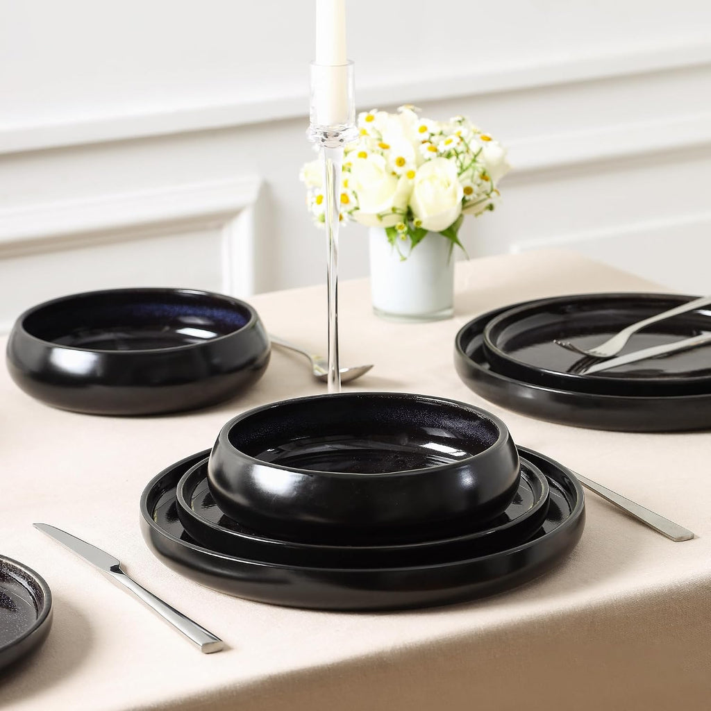 Stone Lain Lagoon 24-Piece Dinnerware Set Stoneware, Plates and Bowls set, Microwave and Dishwasher Safe, Dish Set for 8, Black