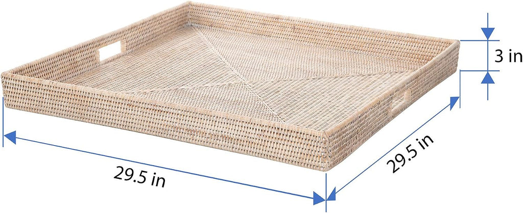 KOUBOO La Jolla Rattan Tray, Square Woven Tray - Decorative Coffee Table, Breakfast Tray, Home Decor Basket Style, Extra Large, White-Wash