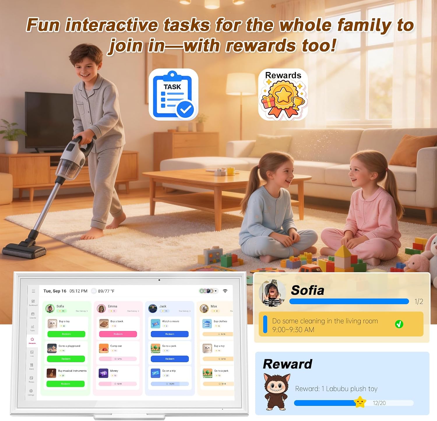 Digital Calendar, 15.6 Inch Wall Planner Touch Screen, Smart Electronic Family Calendar Chore Chart for Schedules, Interactive Display with Meal Planner & Digital Photo Frame, No Subscription, Wall & Desk Mountable
