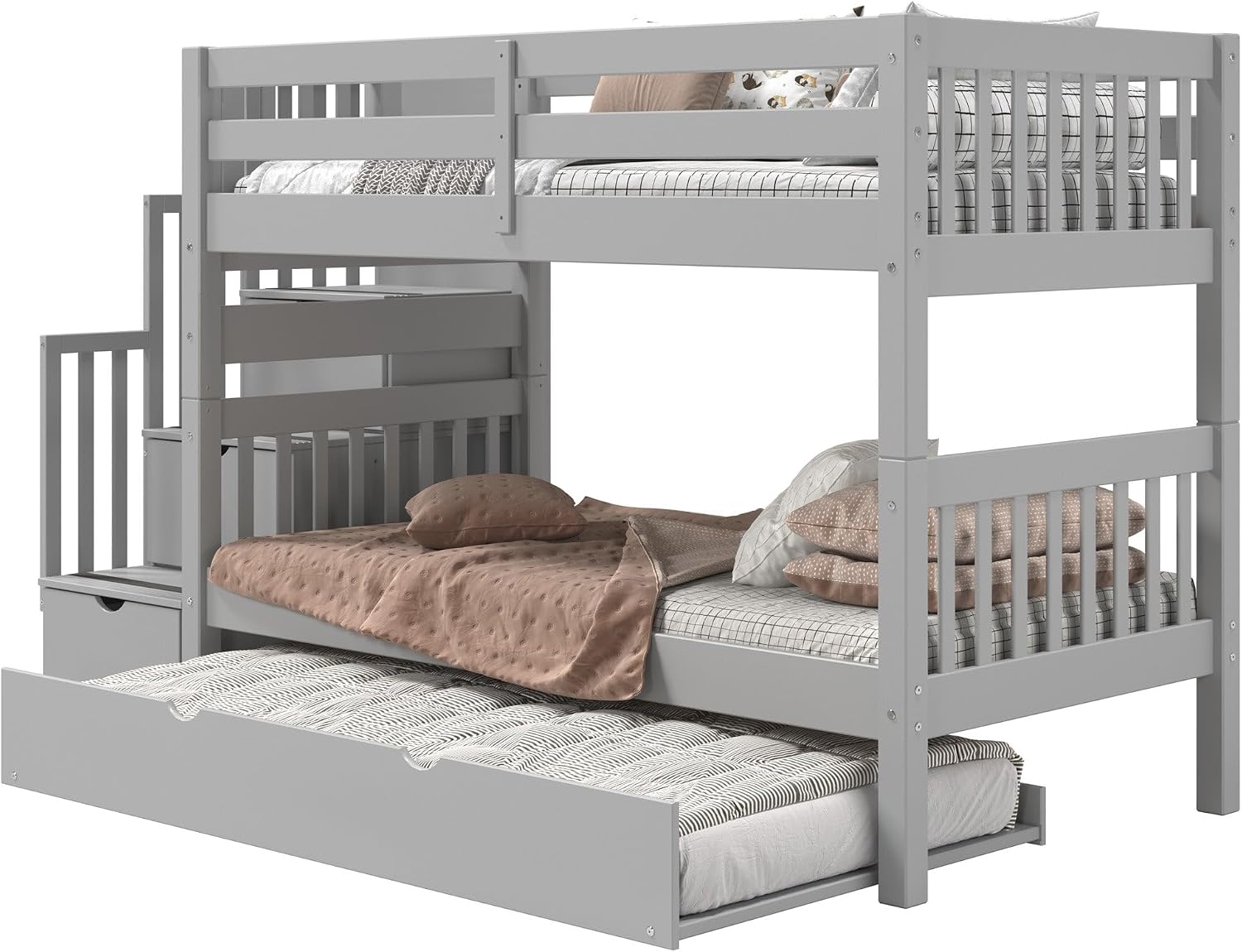 Bedz King Stairway Bunk Beds Twin Over Twin, 3 Step Drawers and a Twin Trundle, Gray