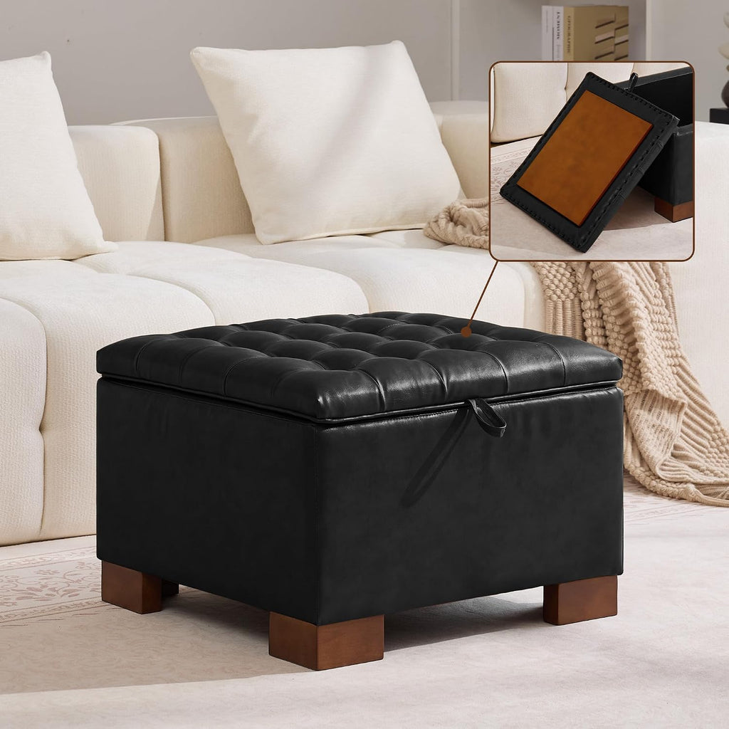 WUTUTUEE 24' Faux Leather Square Storage Ottoman with Wooden Tray, Modern Tufted Button Footstool Coffee Table, Upholstered Small Ottoman for Living Room, Bedroom, Black