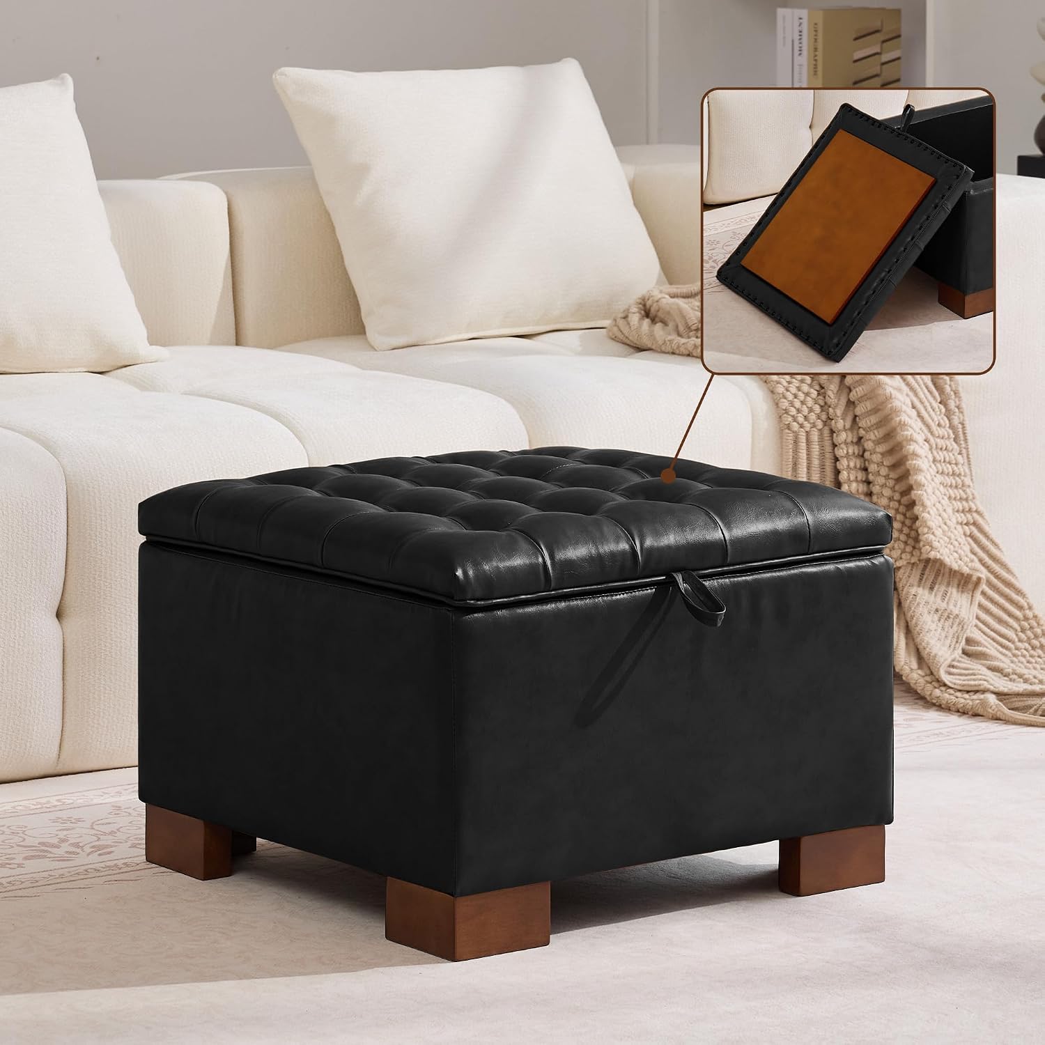 WUTUTUEE 24' Faux Leather Square Storage Ottoman with Wooden Tray, Modern Tufted Button Footstool Coffee Table, Upholstered Small Ottoman for Living Room, Bedroom, Black