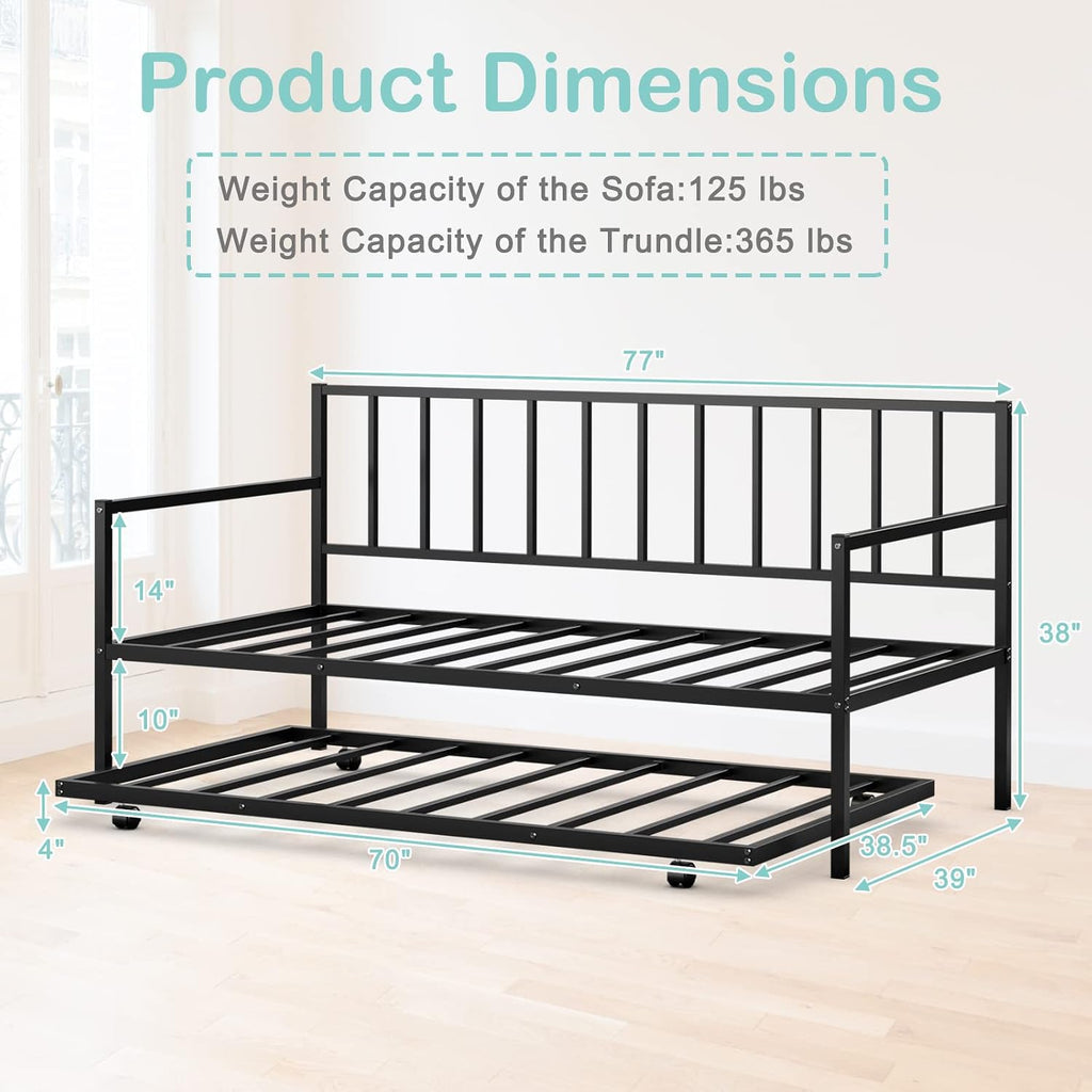 COSTWAY Twin Size Daybed and Trundle, Metal Frame Daybed and Roll Out Trundle w/Steel Slat Support & 4 Lockable Casters, Heavy-Duty Daybed for Guest Room, Bedroom (Black)