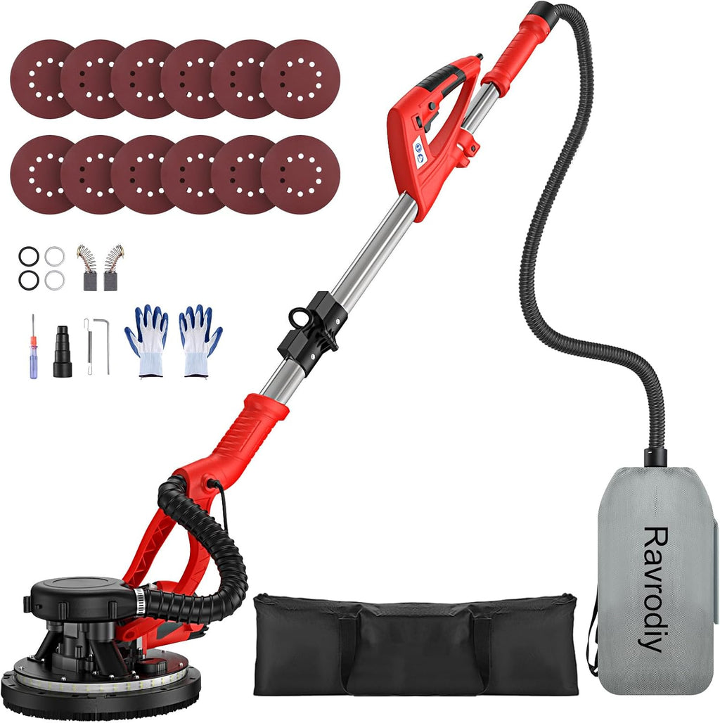 950W 8-Amp Drywall Sander with Vacuum Attachment, Lijadora para Drywall, 7 Variable Speed with Vacuum Dust Collector, Lightweight with 360° Light for Ceilng Floor Plastered Popcorn (Red)