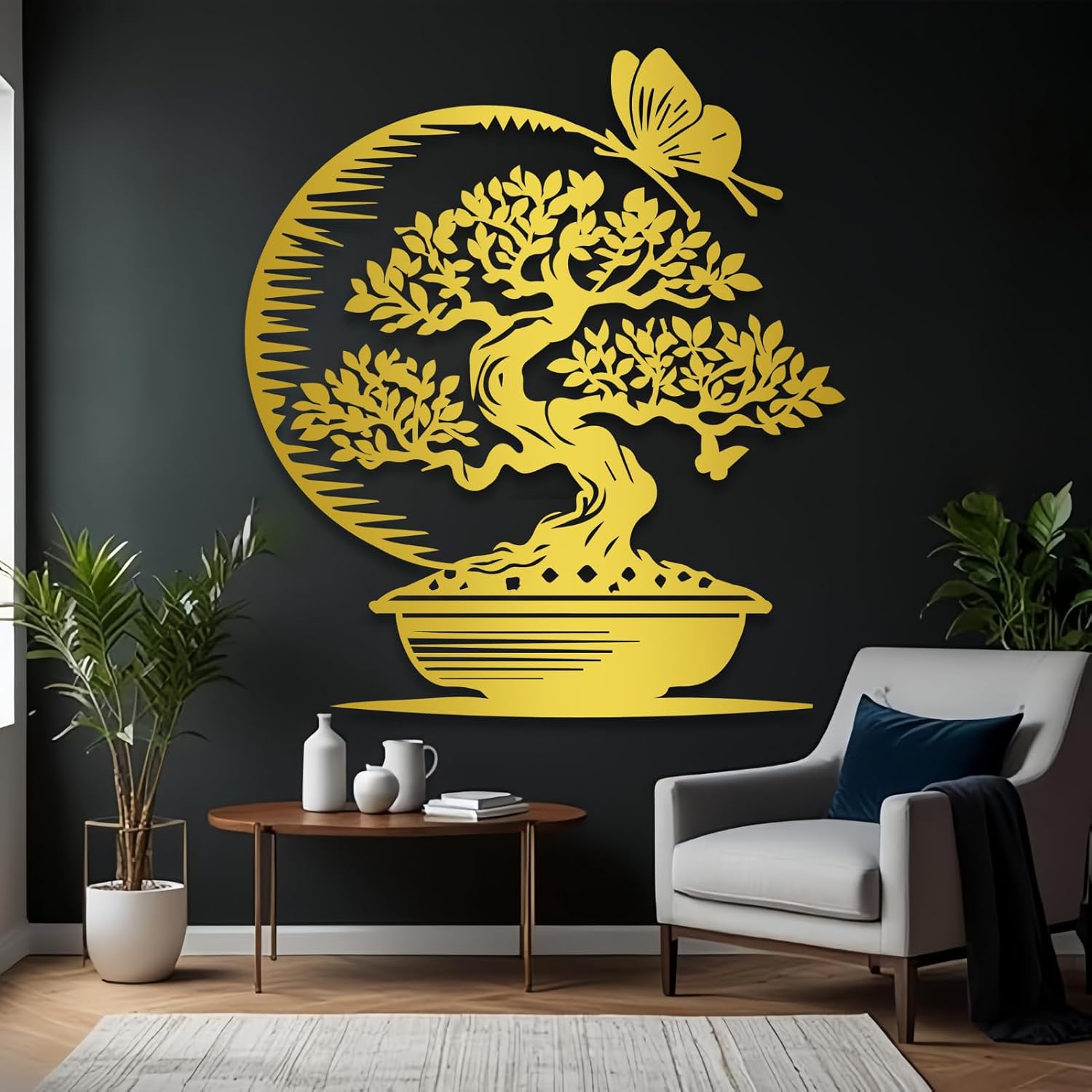 Maclou Japanese Metal Wall Art,Bonsai Tree Metal Wall Art,Asian Wall Decor for Bedroom,Living Room,Office (Gold,30' x 27' / 76 x 68 cm)