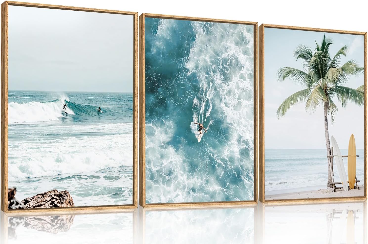 HLNIUC Summer Surfing Beach Framed Canvas Wall Art,Large Coastal Palm Tree Wall Decor,Blue Sea Wave Seascape Artwork Set of 3(24x36),Nature Ocean Landscape Prints for Living Room,Bedroom,Bathroom