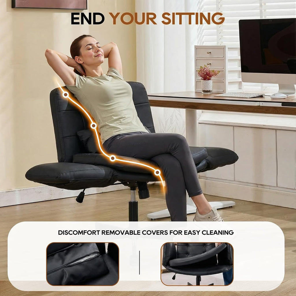 Criss Cross Chair with Wheels & Outward-Folding Armrests, Faux Leather Cross Legged Office Chair with Storage Pockets, Comfortable Adjustable Swivel Vanity Chair for Home, Living Room, Bedroom (Black)