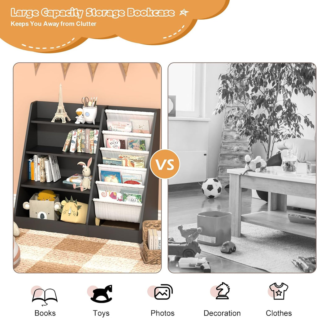 NACHES 4 Tier Kid Bookshelf Wooden 5 Sling Children Bookcase Toddler Montessori Bookcase Book Rack Display Toy Storage Organizer Book Display Shelf Stand Classroom Bedroom Nursery Playroom (Black)