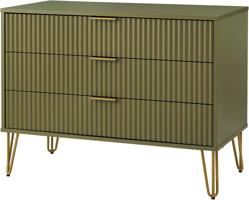 Manhattan Comfort Dumbo 2 Piece Dresser & Nightstand Set, Fluted Night Stand with Hairpin Gold Metal Legs & 3-Drawer Dresser, No Tool Assembly, Storage Cabinet for Bedroom, Living Room in Olive Green