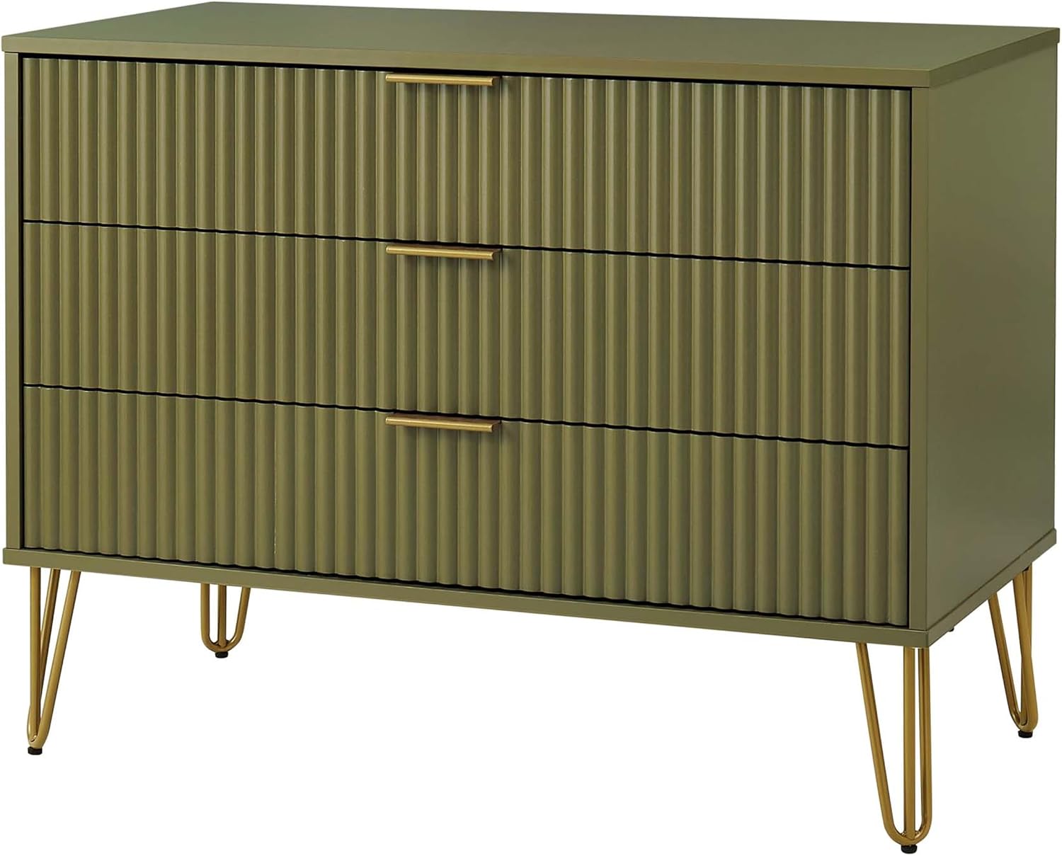 Manhattan Comfort Dumbo 2 Piece Dresser & Nightstand Set, Fluted Night Stand with Hairpin Gold Metal Legs & 3-Drawer Dresser, No Tool Assembly, Storage Cabinet for Bedroom, Living Room in Olive Green