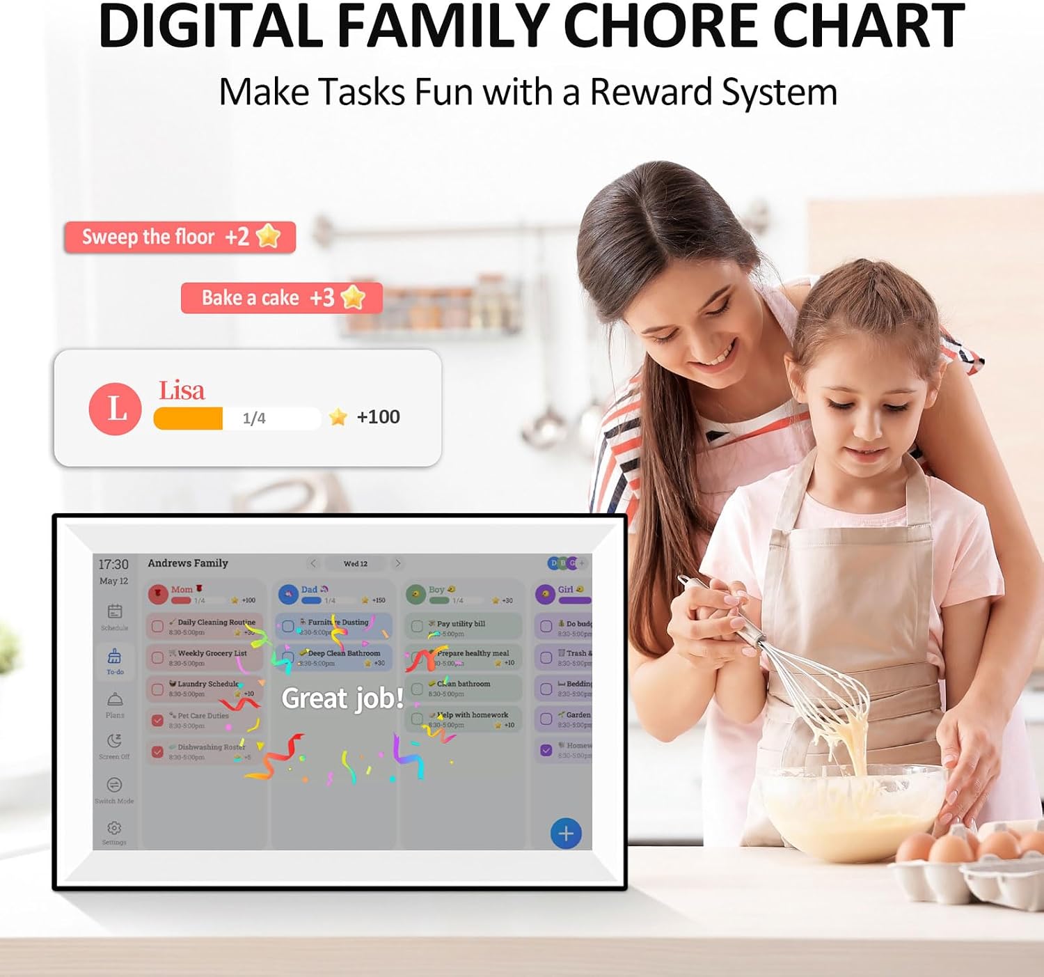 10.1 Inch Smart Digital Calendar, Touchscreen Family Planner with Auto Sync, Wall Mountable Desk Organizer for Meal Planning Chore Chart (US Plug)