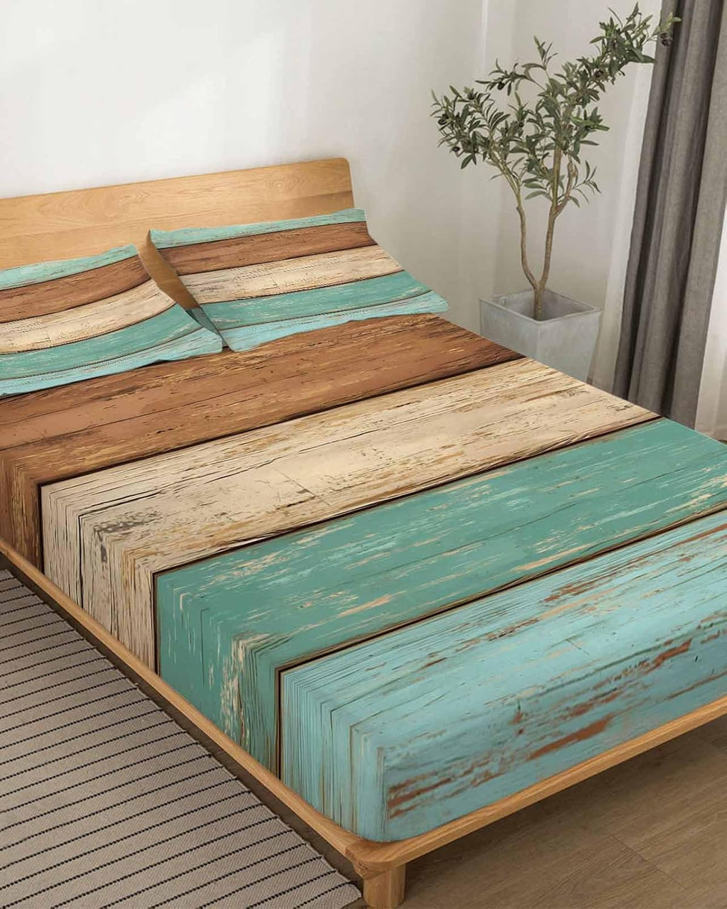 Farmhouse Teal Blue Brown Cal King Sheet Set 4 Piece Bedding - Vintage Wooden Striped Breathable Comfy Cooling Bed Sheets & Pillowcase Sets, Hotel Luxury Flat Sheets Deep Pockets Fitted Sheet