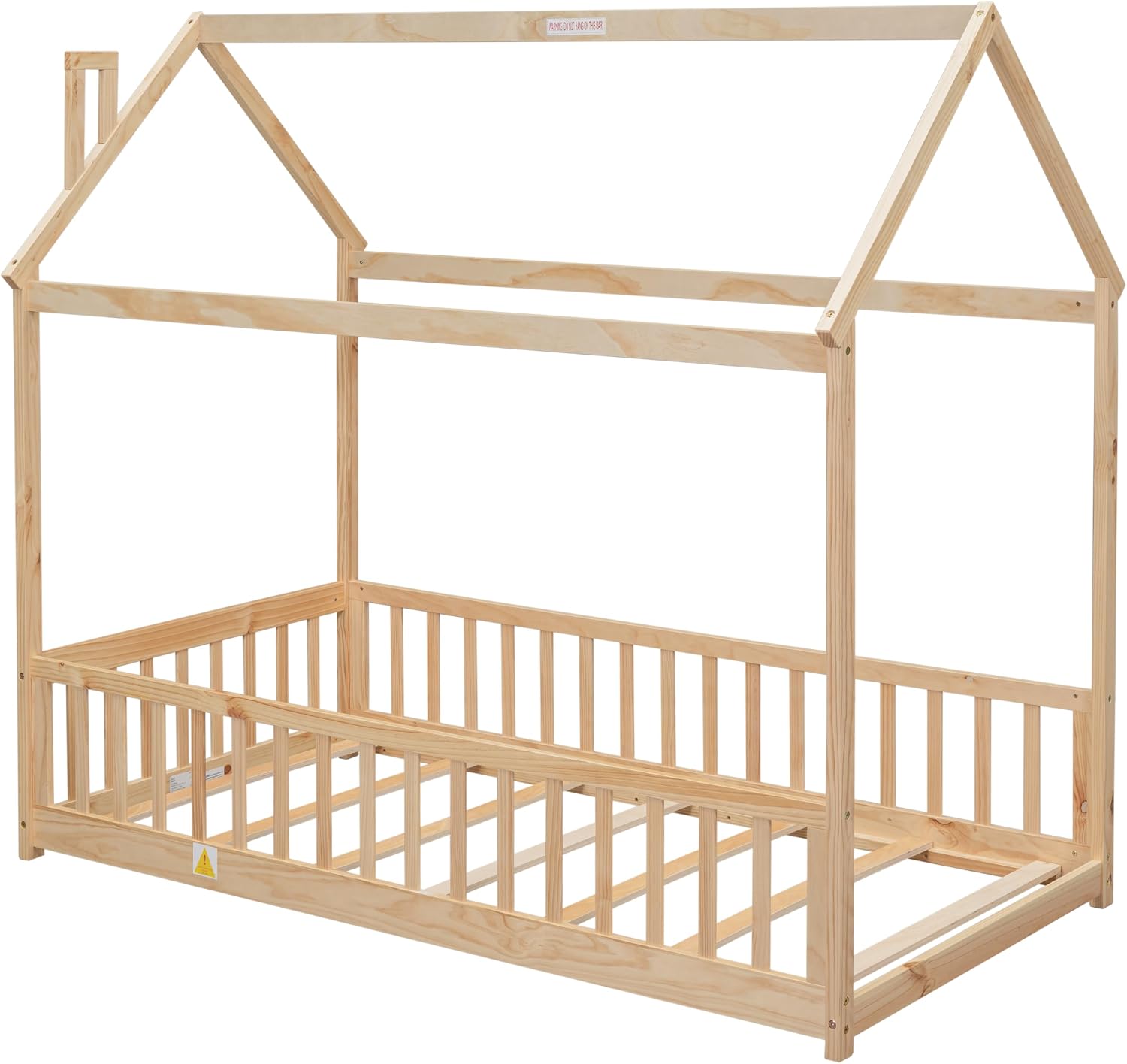 Twin Floor Bed with Slats, Twin Floor Bed for Children, Wooden Montessori Bed with Fence, House Bed for Boys Girls Bedroom - Natural
