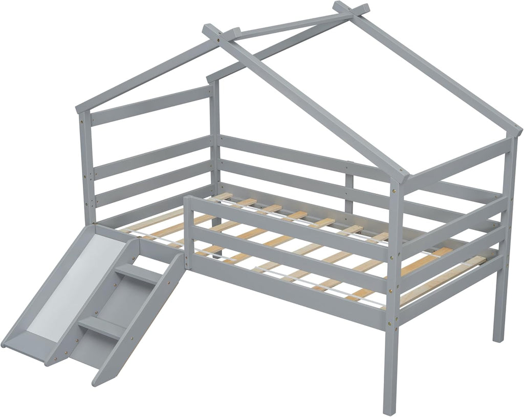 Twin Size Low Loft Bed with Slide and Ladder,Bed Frame W/Safety Guardrails & House Shape Roof,for Bedroom,Apartment,Guest Room,Easy Assembly,Grey