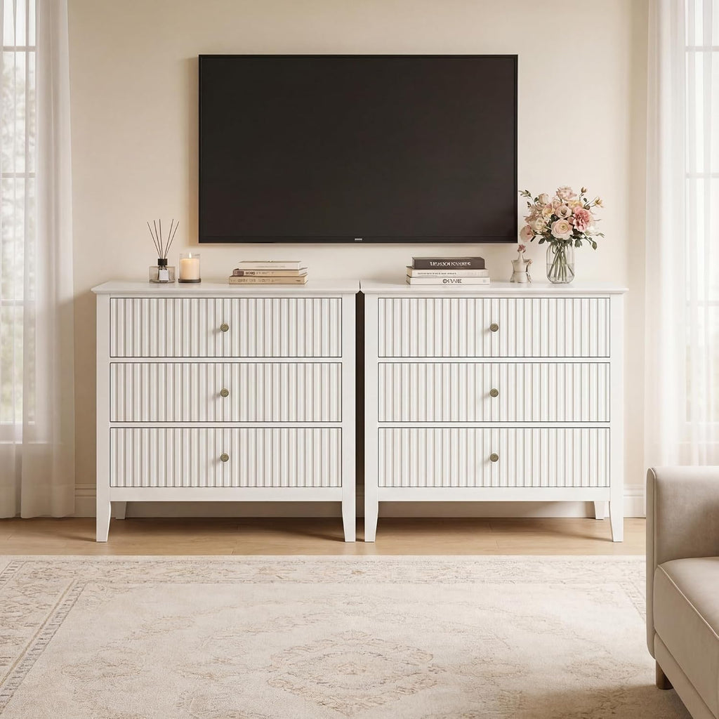 RoyalCraft Large 3 Drawer Dresser Set of 2, Fluted Wood Chest of Drawers with Storage, Modern Painted 30 inch Wide Nightstand for Bedroom Living Room Entryway, White