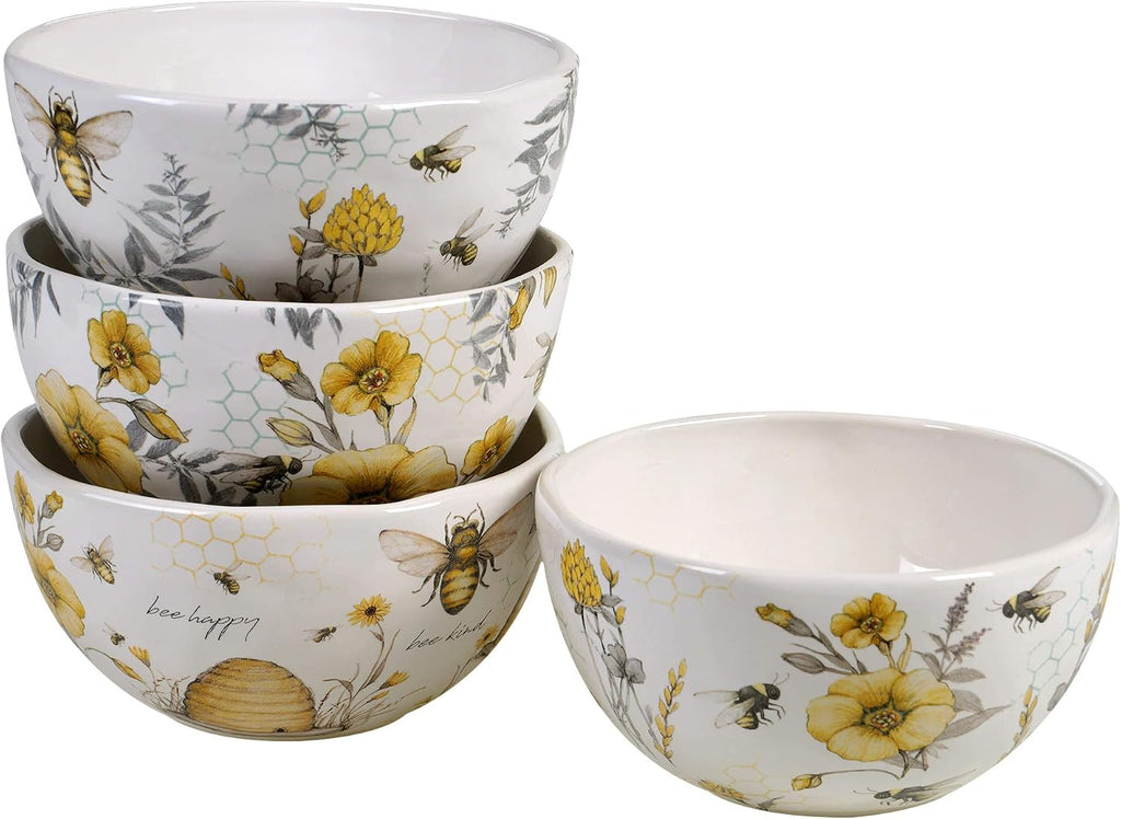 Bee Sweet 16-Piece Ceramic Dinnerware Set – Service for 4, Farmhouse Bee and Floral Design, Includes 4 Dinner Plates, 4 Salad Plates, 4 Bowls, 4 Large Mugs – Microwave & Dishwasher Safe