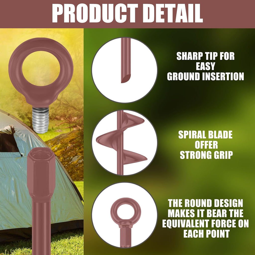 Lasnten 6 Pcs 30 Inch Long Spiral Ground Anchor Heavy Duty Blade Earth Anchor Kit Metal Anchors Hook Beach Sand Stakes Camping for Securing Animals, Shelters, Tents, Canopies (Brown)
