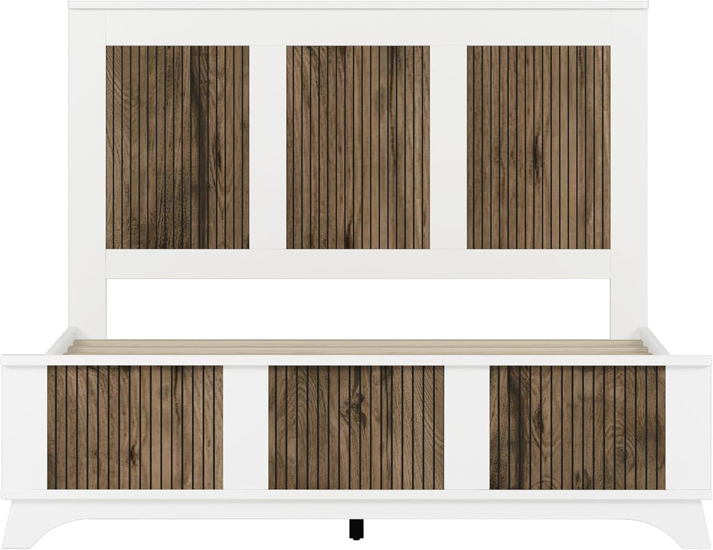 JIVOIT Farmhouse Wooden Platform Bed, Queen Size Platform Bed with Wooden Strip Decoration Headboard and Footboard, Plywood Slats Support, No Box Spring Required (White,Queen,268)