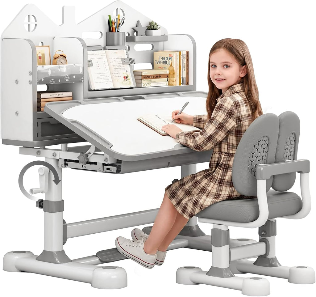 Kids Learning Desk and Chair Set, Adjustable Study Table for Ages 3-12 with Hand Crank Lift, 50° Tilting Desktop, Bookshelf, Drawer & Ergonomic Chair for Homework and Drawing (Grey)