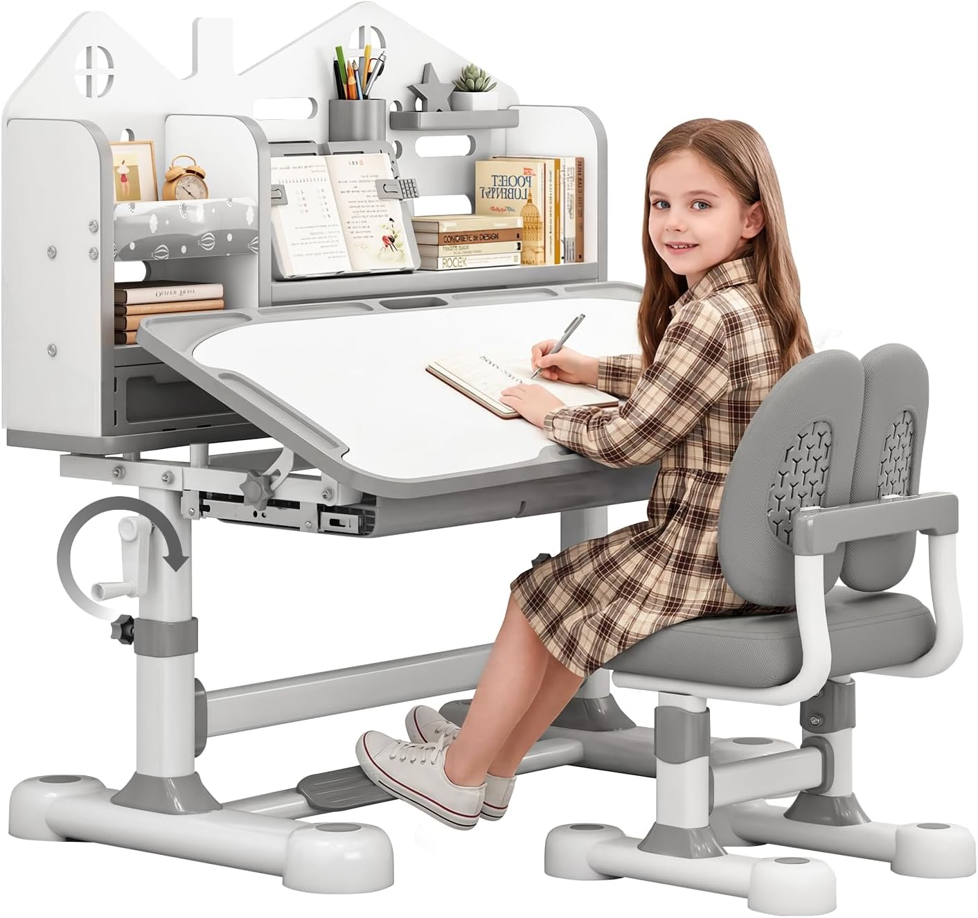 Kids Learning Desk and Chair Set, Adjustable Study Table for Ages 3-12 with Hand Crank Lift, 50° Tilting Desktop, Bookshelf, Drawer & Ergonomic Chair for Homework and Drawing (Grey)