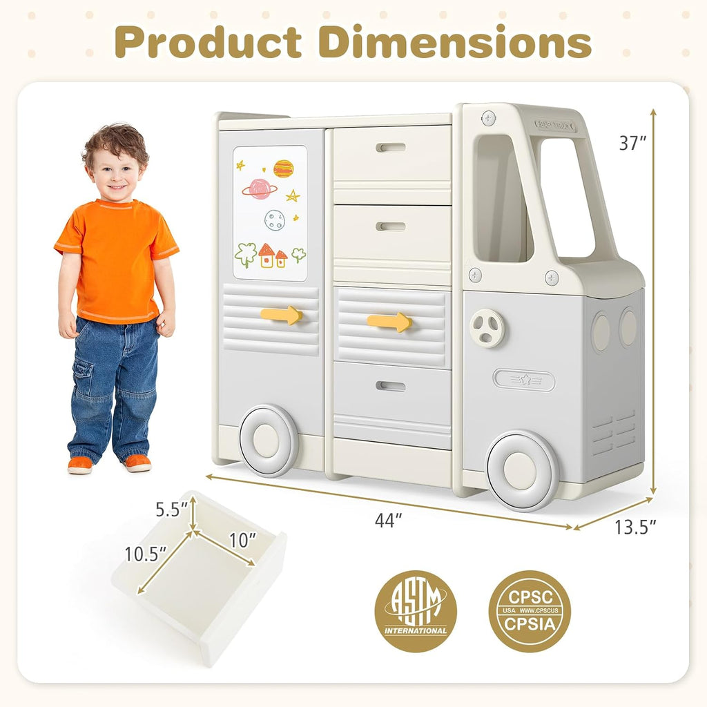 HONEY JOY Kids Toy Storage Organizer, Bus-Shaped Children Cabinet w/ 4 Pull-Out Drawers with Handles, Large & Small Cabinets, Spacious Countertop, Storage Organizer for Playroom, Classroom, Daycare