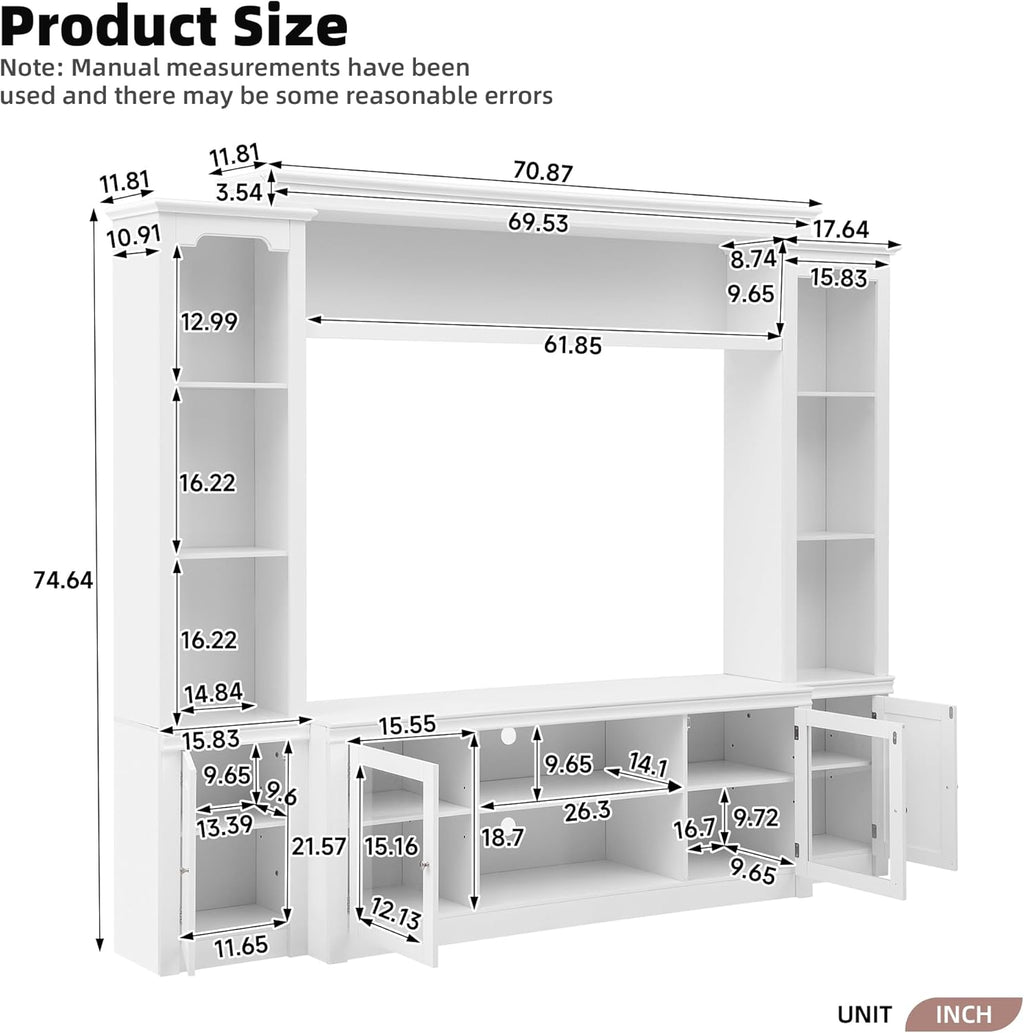 4-Piece Entertainment Center Wall Unit for TVs up to 65', Modern TV Stand with Bookshelves, Glass Doors & 4 Adjustable Shelves, Large Media Console Table with Display Cabinet for Living Room, White