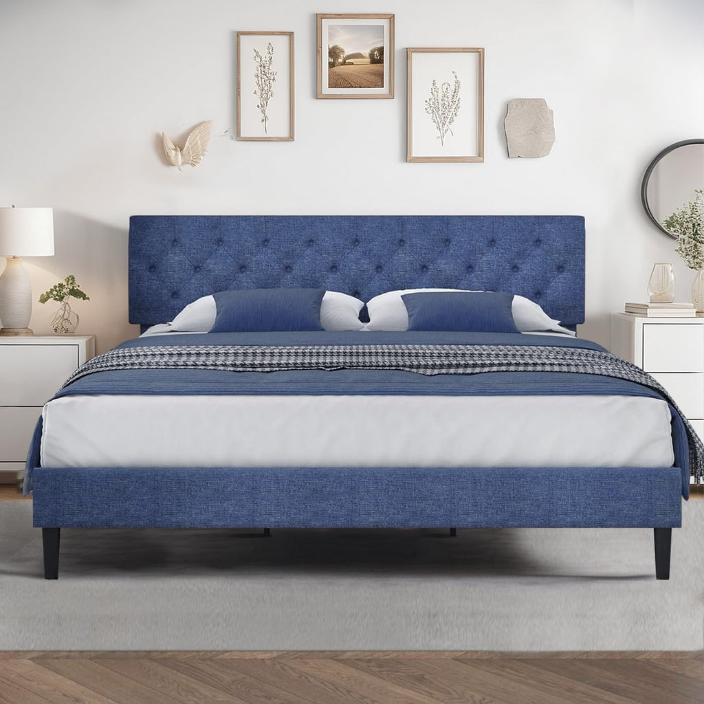 HOMBCK King Size Bed Frame, Linen Fabric Upholstered Bed Frame King Size with Headboard, Wood Slats Support, Button Tufted Design, No Box Spring Needed, Blue