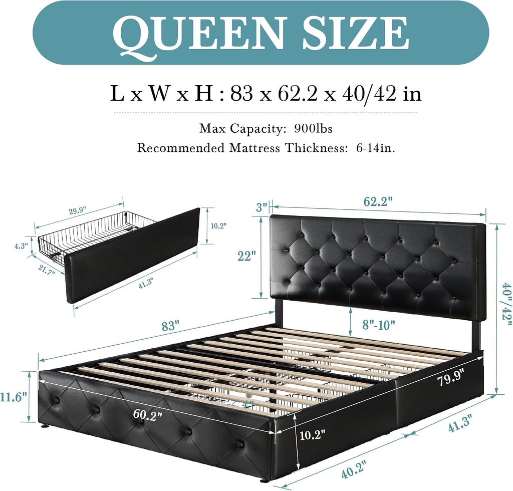 HOOMIC Queen Platform Storage Bed Frame with 4 Drawers & Adjustable Headboard, Wooden Slats, No Box Spring Needed,Diamond Stitched Button Tufted Design,Black