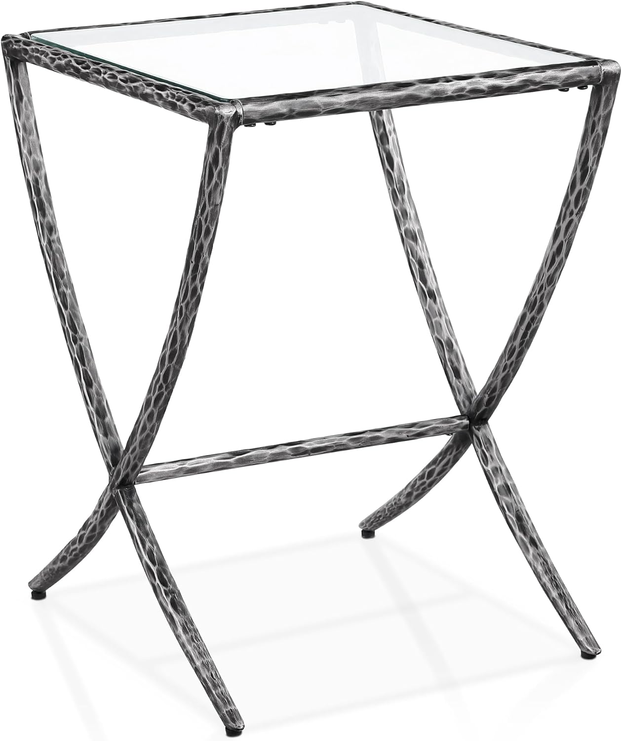 24/7 Shop at Home Lalia Hammered Metal 4-Piece Bedroom Collection, Upholstered Bed Frame with Camelback Headboard, Forged Steel, Bench and Curved Nightstands, Foundation Required, Full, Matte Grey