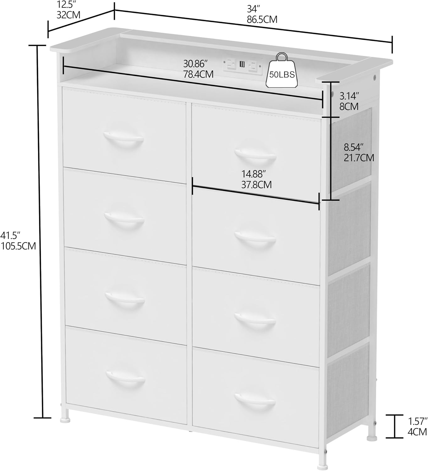 White Dresser for Bedroom with Power Outlets and LED Lights Narrow 8 Fabric Drawers Dressers Tall Storage Tower Unit for Entryway Closet Hallway Living Room Sturdy Steel Frame Wooden Top