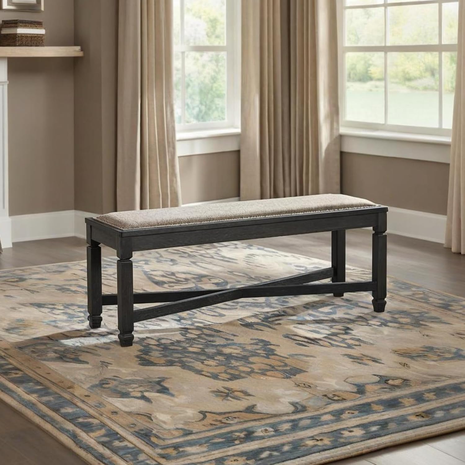 Signature Design by Ashley Tyler Creek Farmhouse Upholstered Dining Room Bench with Tapered Legs, Heavy Woven Fabric, Wood, 19.5' High Seat, Black & Gray