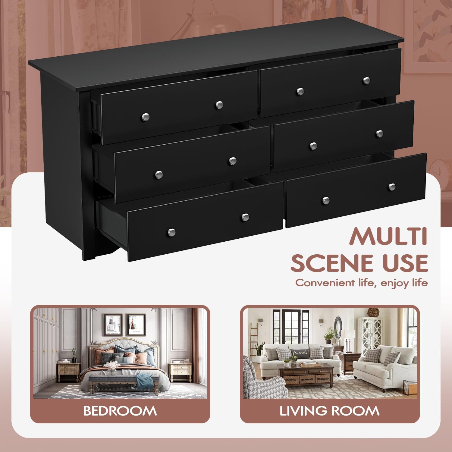 YESHOMY Dresser for Bedroom with 6 Drawer, Wood Wide Chest Storage Organizer and TV Stand for Living Room, Hallway, Dormitory, Black