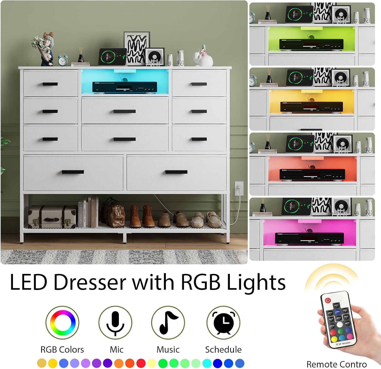 White Dresser for Bedroom, Fabric Chest of Drawers with Charging Station and LED Light, TV Stand Dresser with Shelves for 55' TV, 10 Drawers Dressers with PU Finish for Living Room, Closet