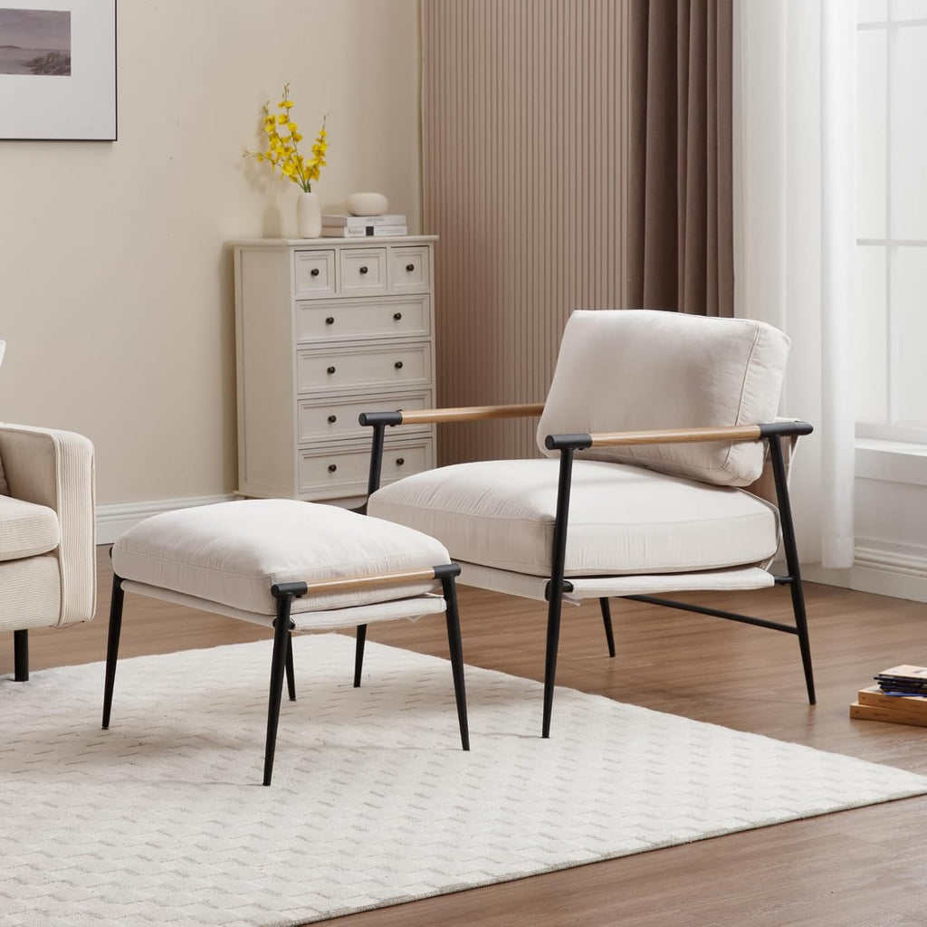 DUOMAY Cute Chenille Single Footrest, Upholstered Footstool with Black Metal Legs Mid Century Modern Vanity Room Ottoman Shoe Stool for Living Room Bedroom Dressing Room, Beige