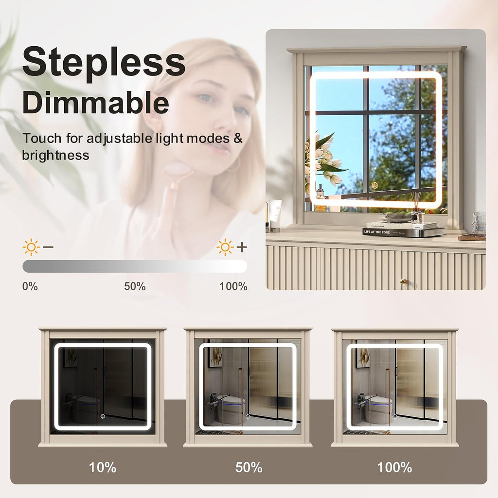 RoyalCraft 6 Drawer Dresser with Lighted Mirror, Beige Fluted Modern Wood Chest of Drawers, Long Dresser for Bedroom Storage