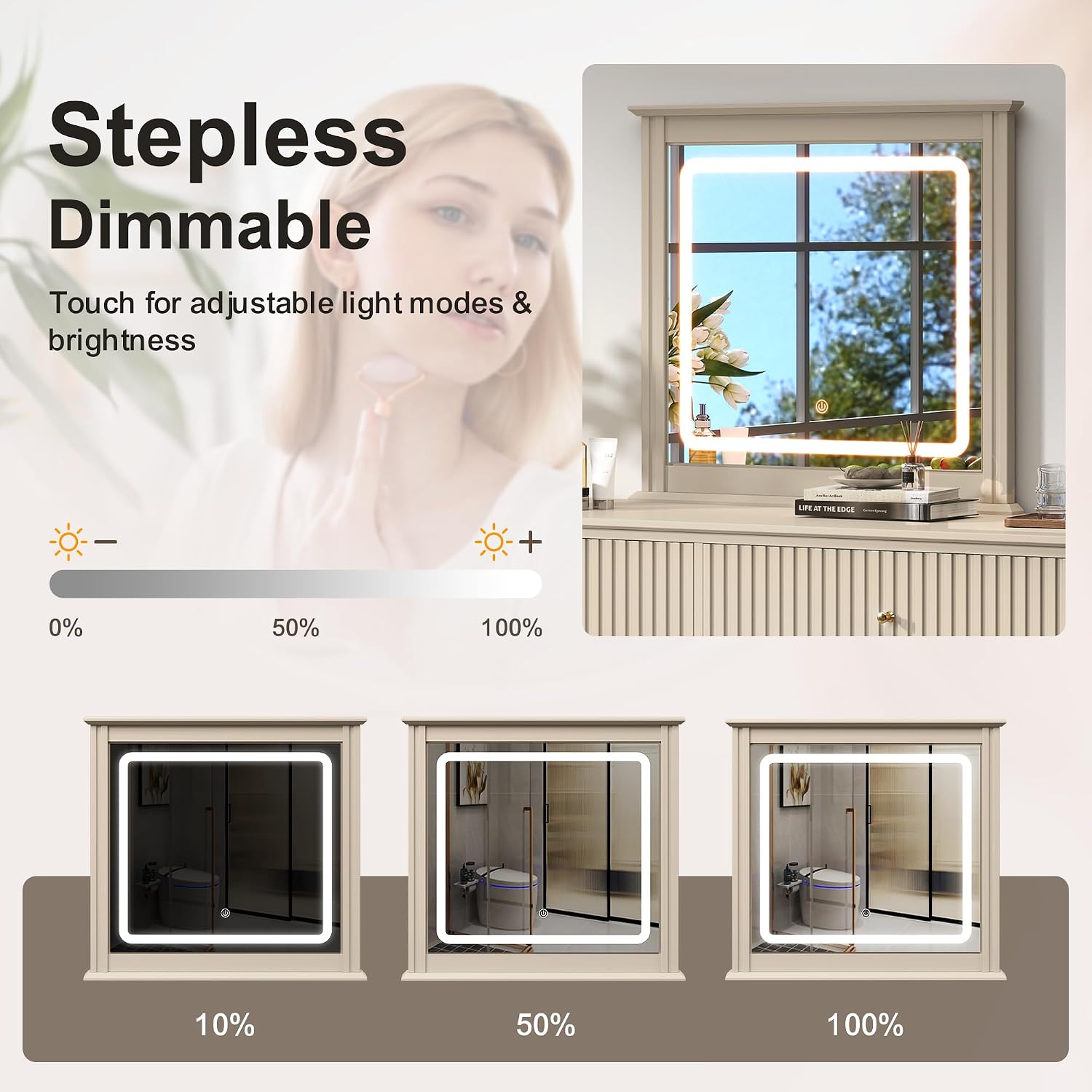 RoyalCraft 6 Drawer Dresser with Lighted Mirror, Beige Fluted Modern Wood Chest of Drawers, Long Dresser for Bedroom Storage