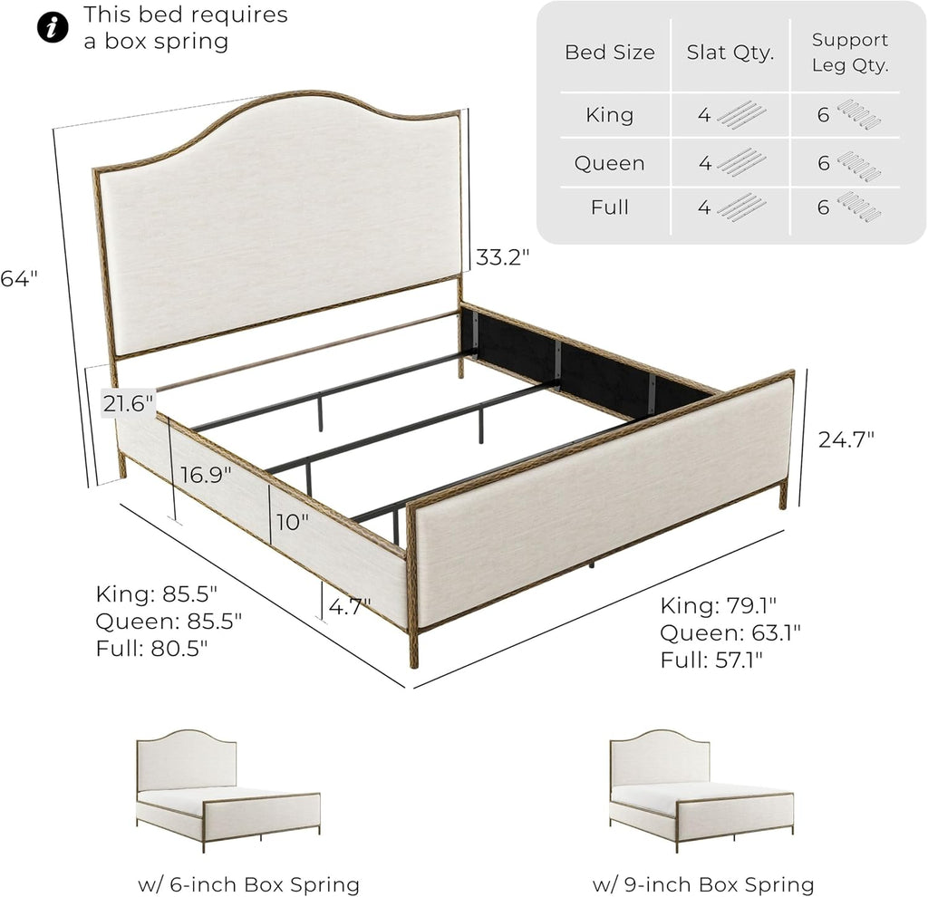 24/7 Shop at Home Lalia Hammered Metal 3-Piece Bedroom Collection, Upholstered Bed Frame with Camelback Headboard, Forged Steel and Curved Nightstands, Foundation Required, Full, Matte Gold
